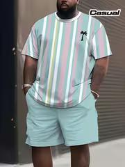 New summer men s two-piece set, featuring plus size, vertical rainbow stripes, and 3D digital printing S