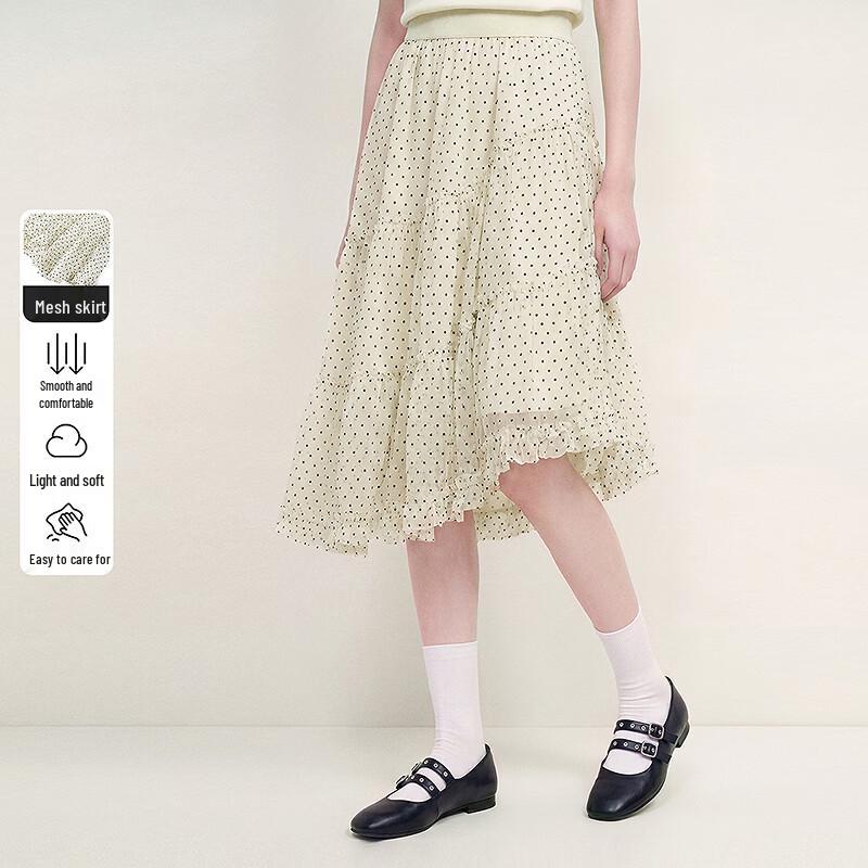 Ledin Polka Dot Mesh Asymmetrical Hem Short Skirt L