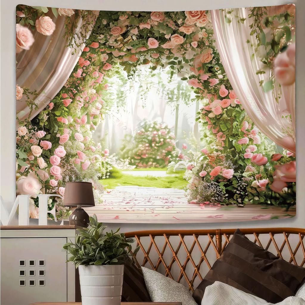 1 Pink Beautiful Romantic Rose Garden Print Tapestry Living Room Wall Decoration Background Cloth Machine Washable Space Pendant
