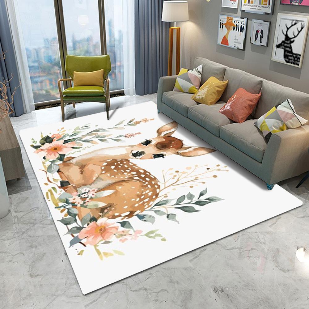 Watercolor Deer Floral Area Rug With Cute Animal Plant Pattern Soft Decorative Carpet For Living Room Bedroom Kids Room