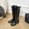 Cowhide Version~ Miu Series Leather Thick-soled But Knee Boots Women's Simple and Thin Long Boots Thick Heel High Knight Boots