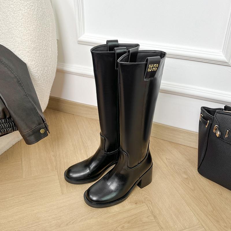 Cowhide version~ miu series leather thick-soled but knee boots women's simple and thin long boots thick heel high knight boots