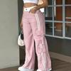 Ladies' Fashionable Side Striped Straight Leg Pants With Elastic Waist Pocket, Casual Sports Pants