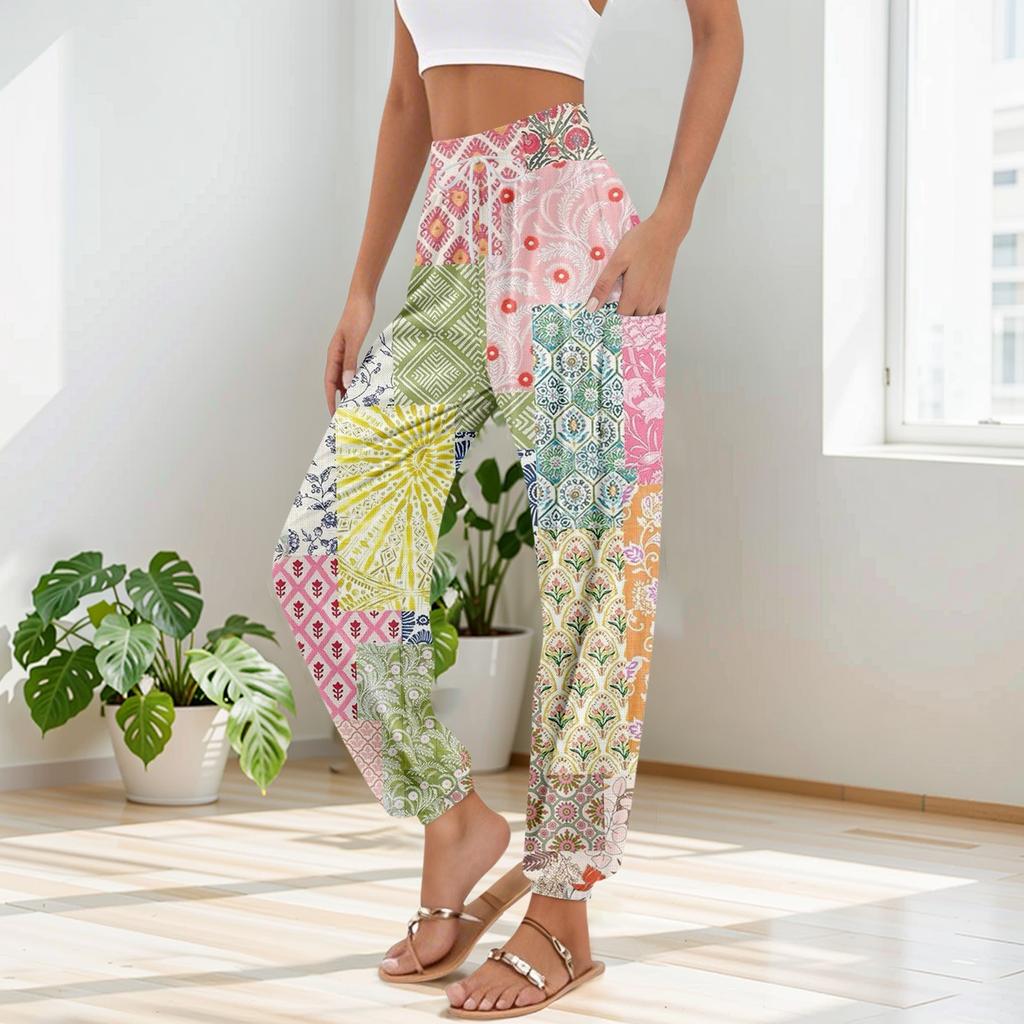 Women's Pocket Drawstring Trousers High Waist Yoga Bohemian Printed Casual Pants