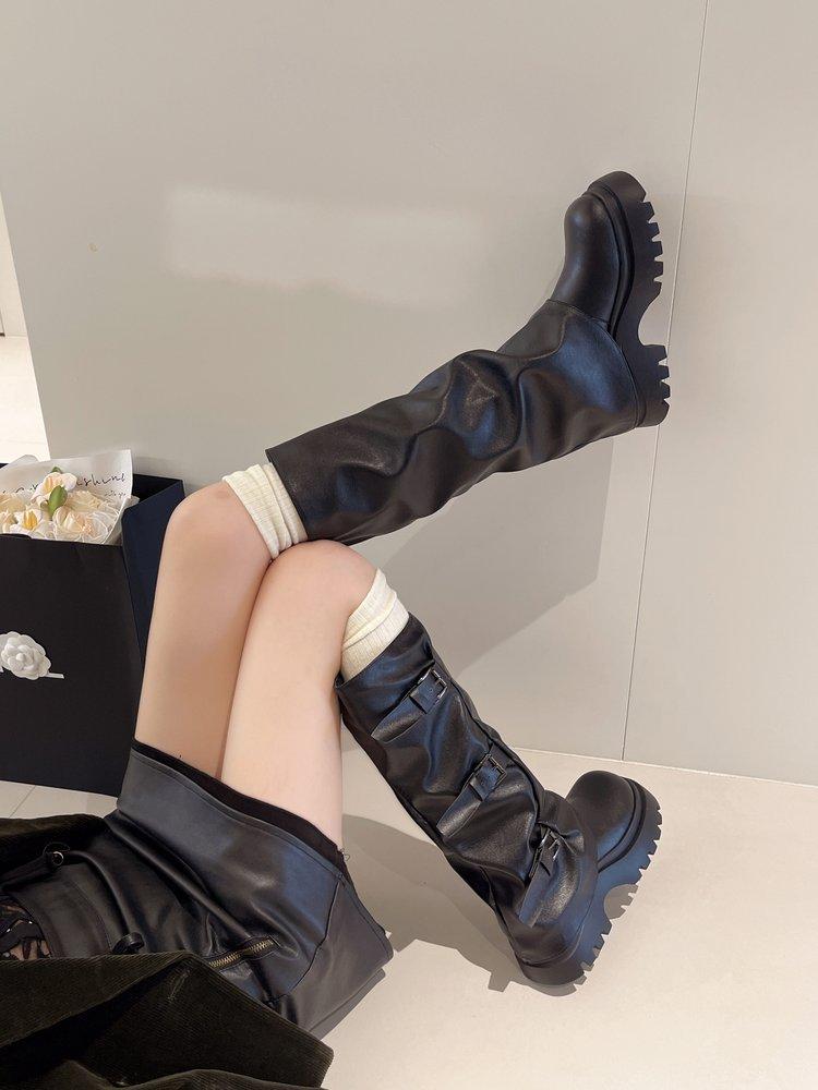 

6 cm heightened thick-soled trouser boots women s autumn and winter knight boots children s long boots thick heel buckle belt medium tube stacking boo 40