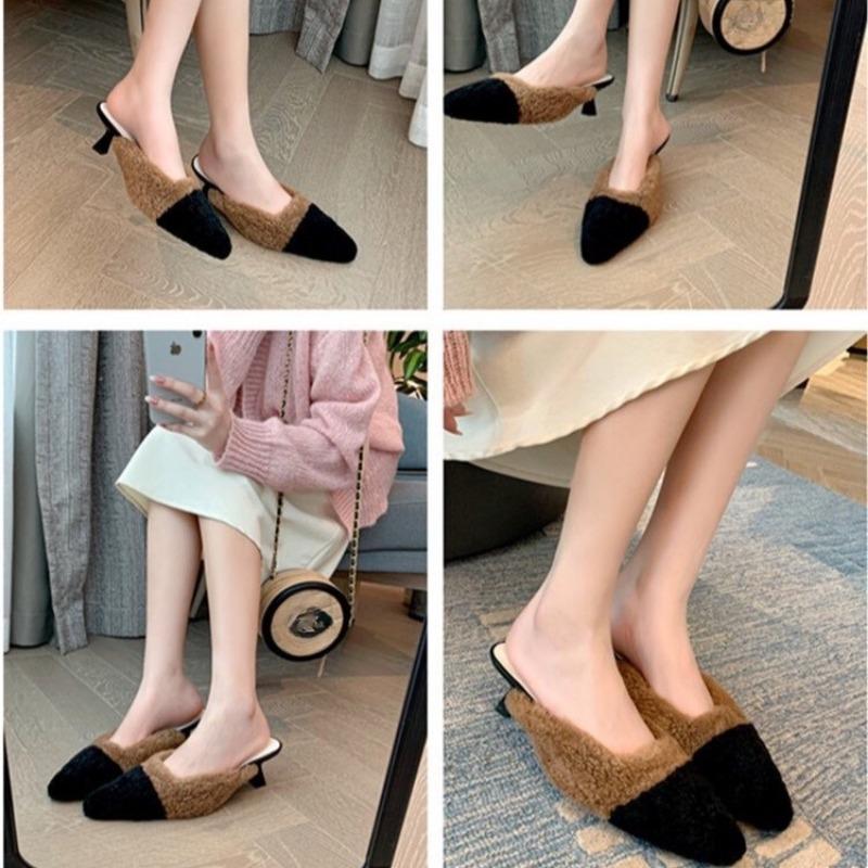Fashion New Luxury Kitten Heel Furry Mule Slides Women Sexy Slippers Ladies Pointy Toe Stiletto Plush Sandals Winter Party Shoes