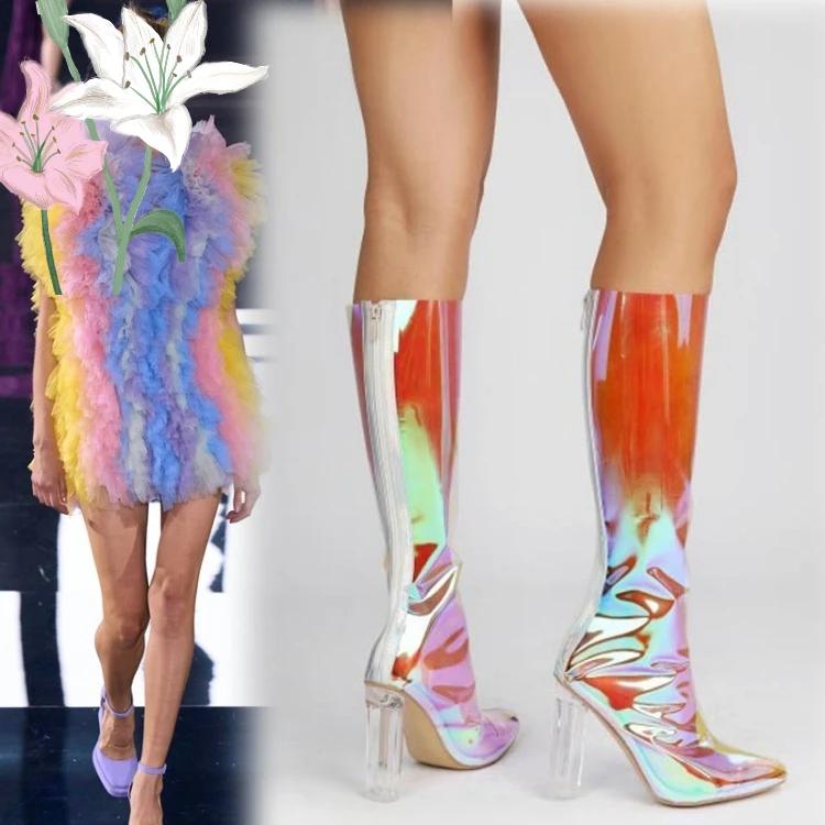 Fashion Sexy Pointed Crystal Thick High-heel Transparent Knee High Boots New Women Rear Zipper Fashion Show Stage Long Boot Size 35-47
