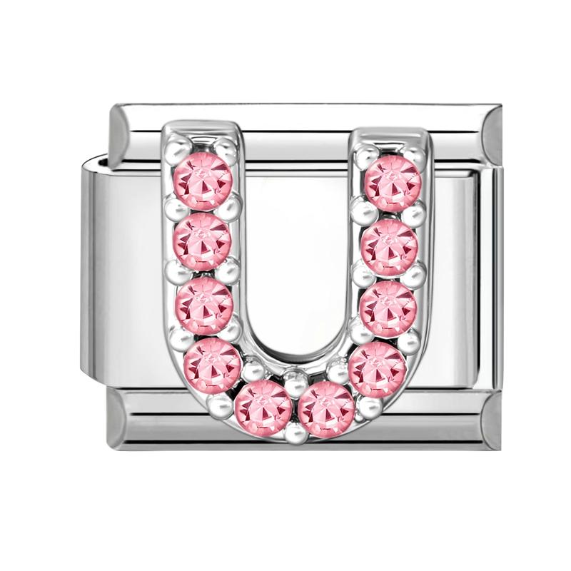 1pz Micro Intarsiato Zirconia Rosa Full Zircone 26 Lettere Inglesi Fascino Italiano Adatto Bracciale in Acciaio Inossidabile da 9mm Gioielli Fai da Te