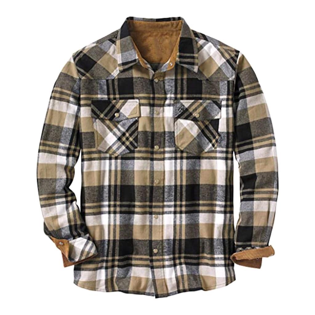Men's Fashion Casual Loose Plaid Pocket Lapel Long Sleeve Shirt Top Blouse