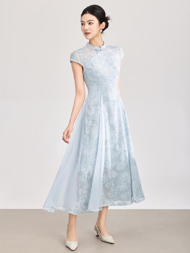Abito Qipao in Organza Patchwork di Pizzo Burnout 3D Stile Cinese Nuovo Nanyou con Vita Stretta