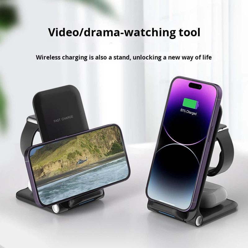 Vertical Folding 3-in-1 Type-C Wireless Charger for 17 Mobile Phone Headphones Watch Charging Stand 15W Fast Charging ABS