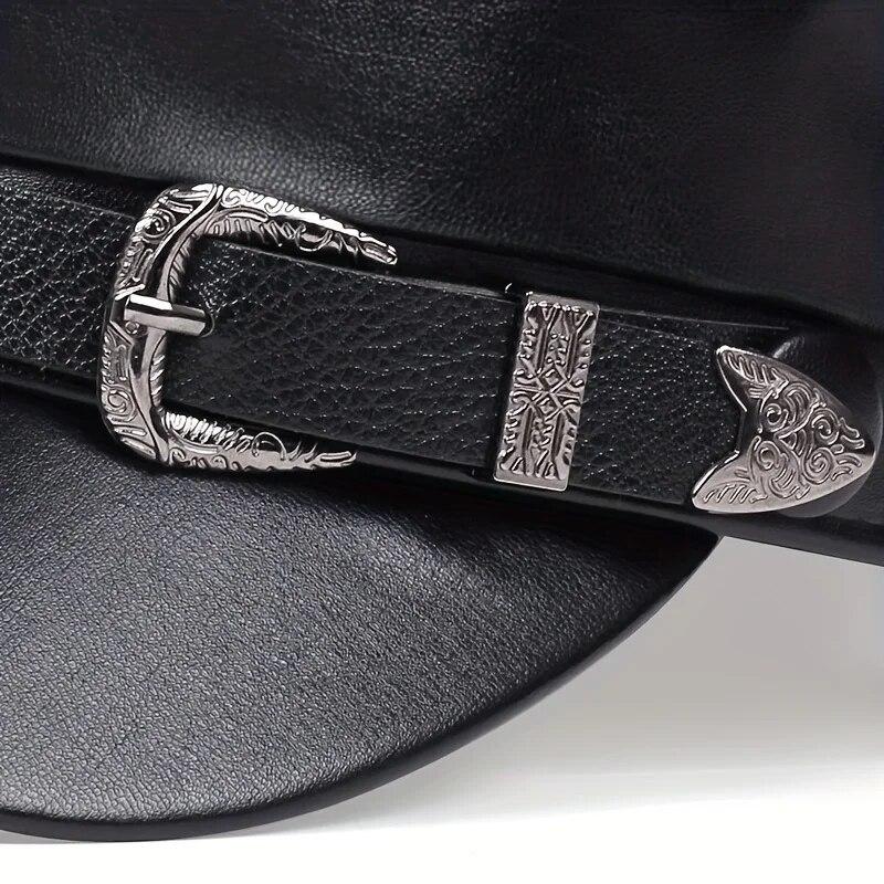 Moda Donna Fibbia Grande Cintura Cappello in Pelle Primavera Autunno Cappelli da Marinaio Nero Berretto da Donna Cappelli Piatto Capitano Militari da Uomo