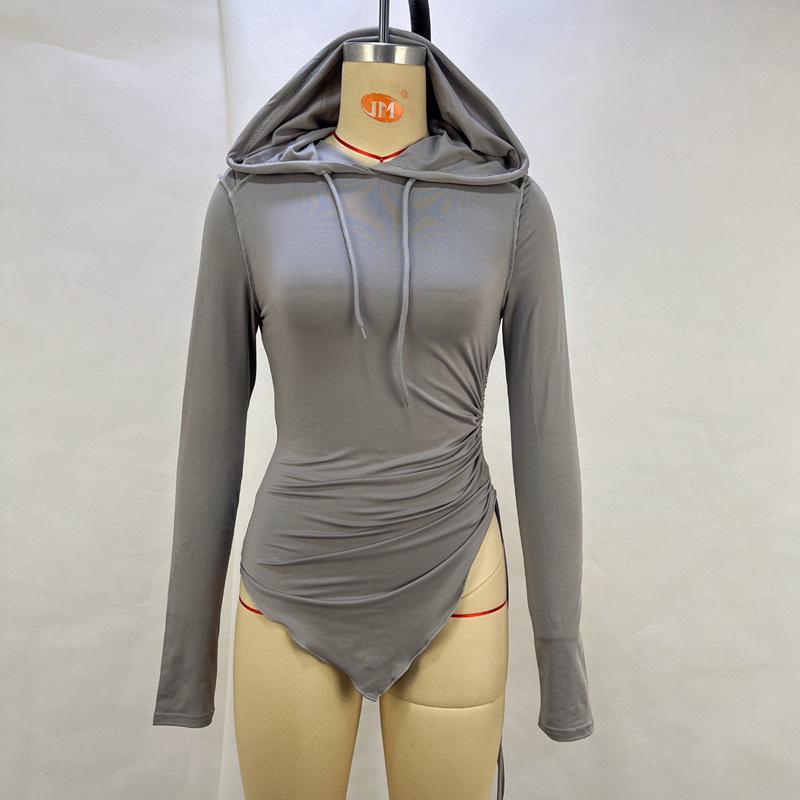 Women's Drawstring Ruffle Irregular Slim Hooded Top