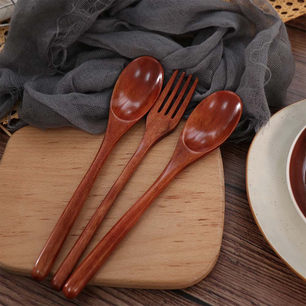 10Pcs/Set Food-grade Forks and Spoons Set Reusable Natural Wooden Tableware Set Brown Easy Clean Portable Cutlery Set Travel Use