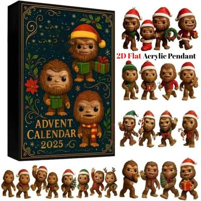 Bigfoot Adventný kalendár 2025, 24 dní sviatočných 2D plochých akrylových figúrok Bigfoot v sviatočných klobúkoch a svetroch, vystavovateľný zberateľský odpočítavací box