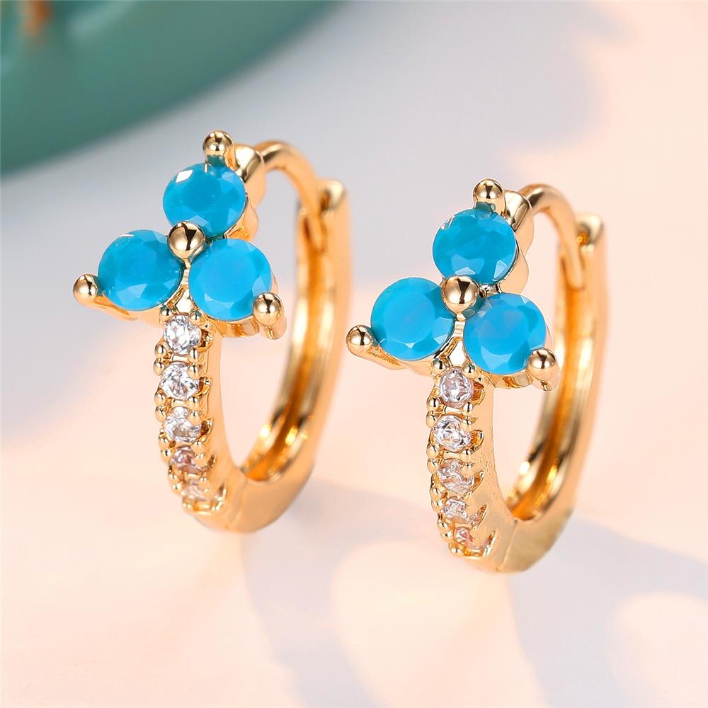 Trendy Crystal Water Blue Zircon Flower Stone Hoop Earrings For Women Vintage Gold Color Wedding