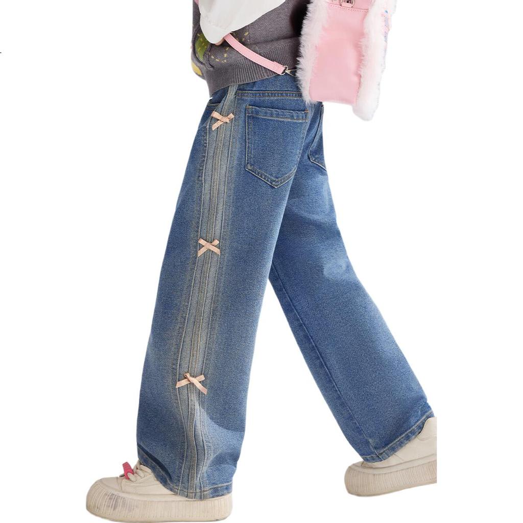 ASK JUNIOR Children's Clothing, Girls' Spring Pants, Loose Wide-Leg Jeans for Older Kids, Casual Trousers, Blue, Size 110