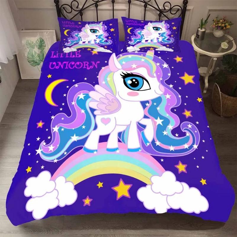 Microfiber Fabric Bedclothes Kids Beds Cartoon Rainbow Unicorn Bedding Set Home Bed Set Cute Unicorn Duvet Cover With Pillowcase