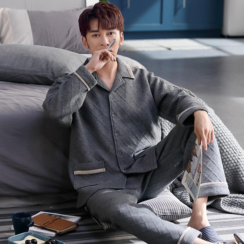 Pajamas Men'S Spring And Autumn Thickened Pure Cotton Long-Sleeved Loungewear Autumn And Winter Thin Padded Air Cotton Cotton Cotton Cotton