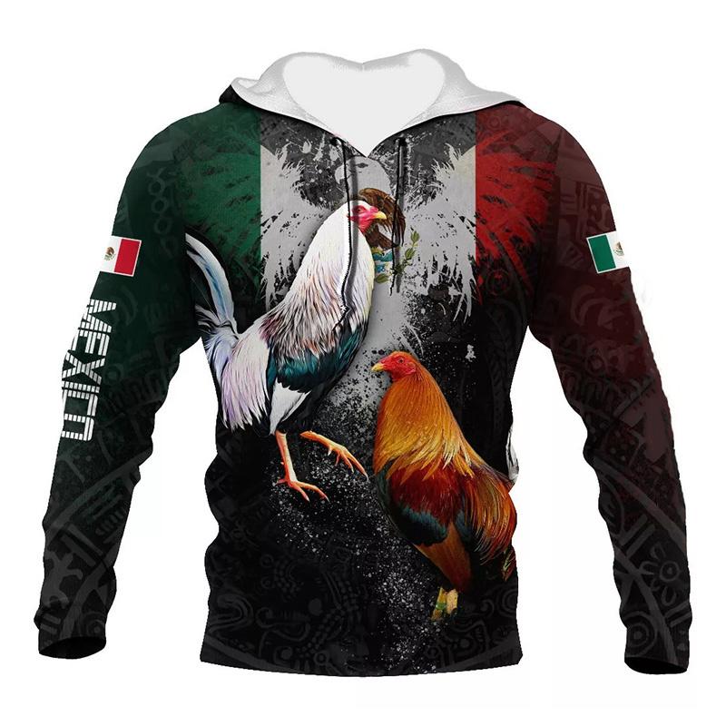 3D-Druck Mexikanische Flagge Hahn Hoodies für Männer Hahn Grafik Übergroße Pullover Lässig Langärmlig Kapuzen-Sweatshirts Streetwear