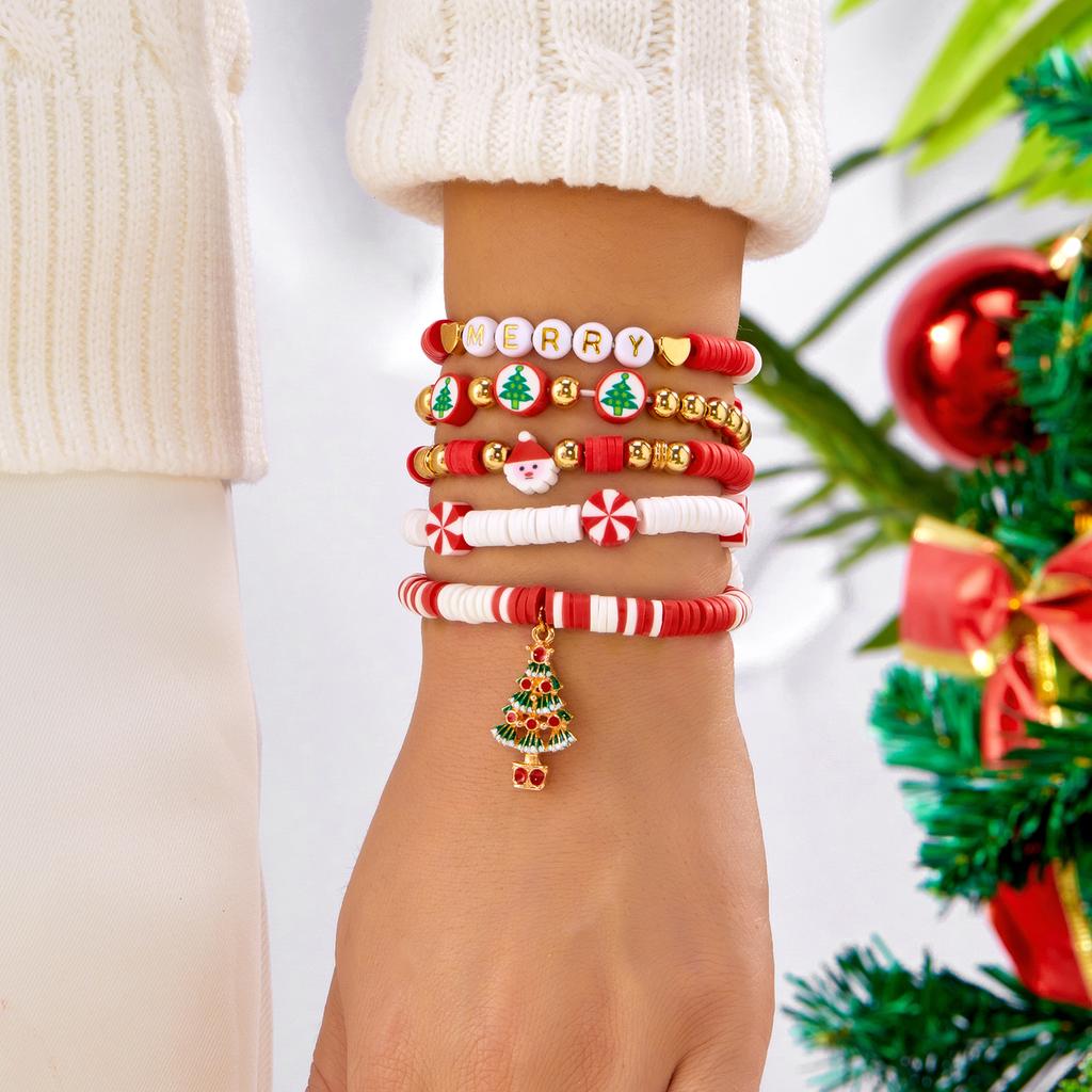 Trendy Christmas Theme Beaded Bracelet for Women Unisex Polymer Clay Xmas Tree Cute Party Creative Party Gift Charming Jewelry