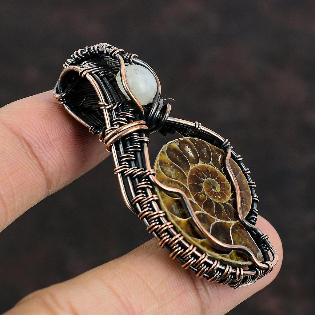 Ammonite Fossil Pendant Copper Wire Wrapped Pendant Moonstone Gemstone Pendant Handmade Copper Wire Wrap Jewelry Designer Pendants For Gift