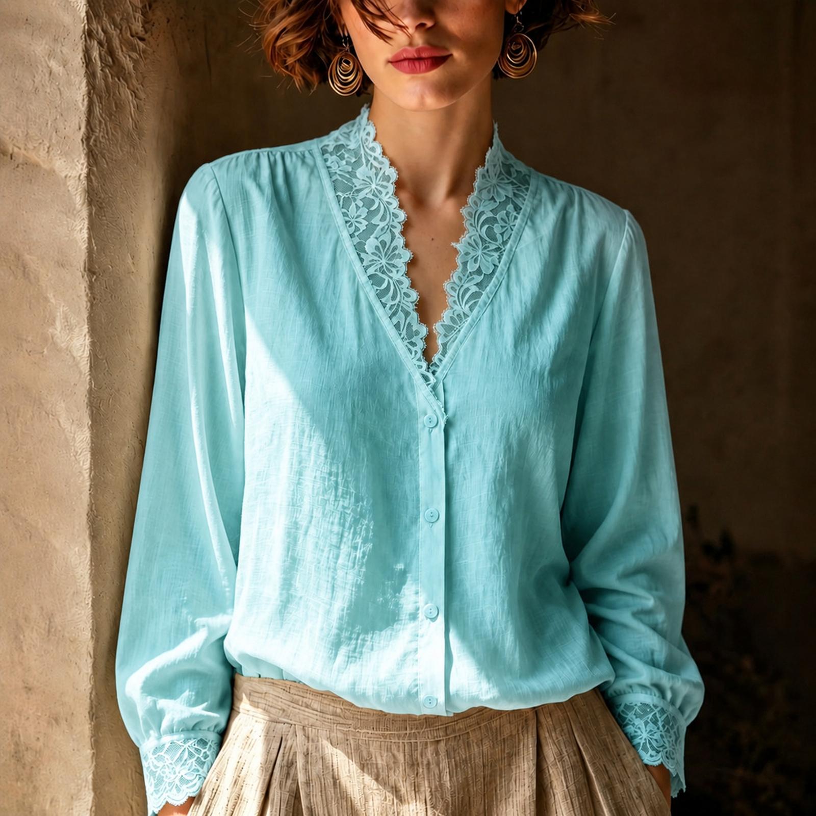 Women s V-Neck Long Sleeve Lace Trim Blouse for Work L