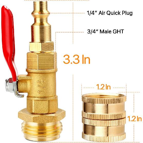 Dual Purpose Winterize Adapter with Quick Plug&3/4" GHT Thread, Brass Made Winterizing Quick Fitting with Ball Valve, Easy Blow Out Water To