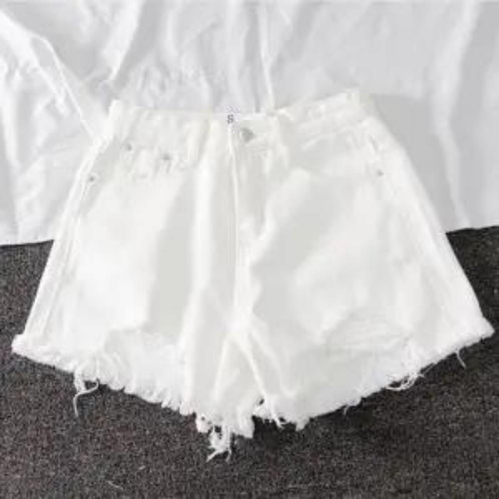 Summer New Denim High Waisted Korean Shorts for Women Loose and Perforated Chic Tassel A-line Wide Leg Hot Pants S белый
