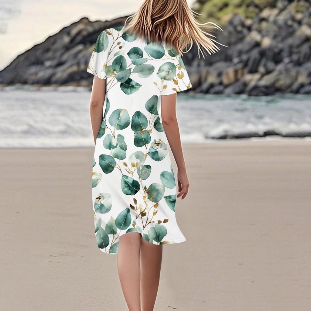 Dámské ležérní módní květinové tiskové šaty s výstřihem do V a krátkým rukávem, krátká sukně