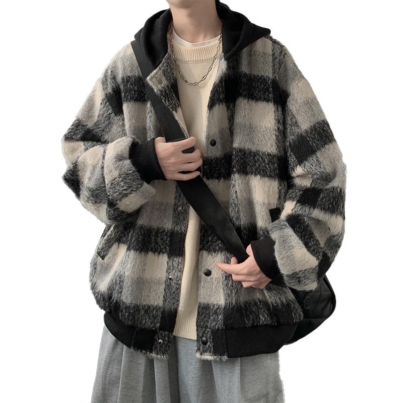 Men's Woolen Color Block Plaid Hooded Jacket - Trendy, High-End Autumn/Winter Casual Wear