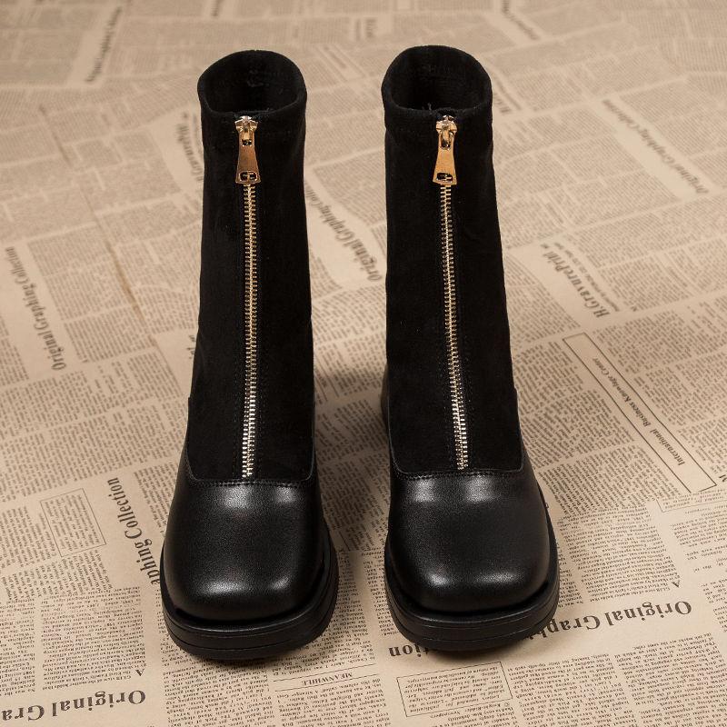 Fashion Black Elegant Heeled Square Toe Zipper Ladies Mid Calf Shoes Autumn Winter Comfortable Gyaru Goth Women's Half High Boots Sale