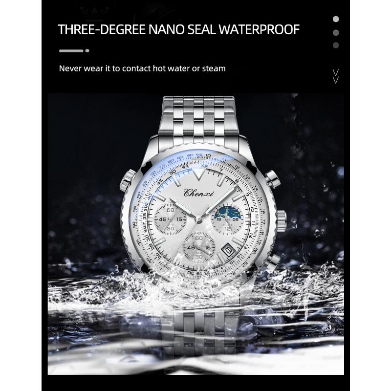 Chenxi Men's Quartz Watch Luminous Chronograph Calendar Waterproof Stainless Steel Strap Business Casual Men Watches