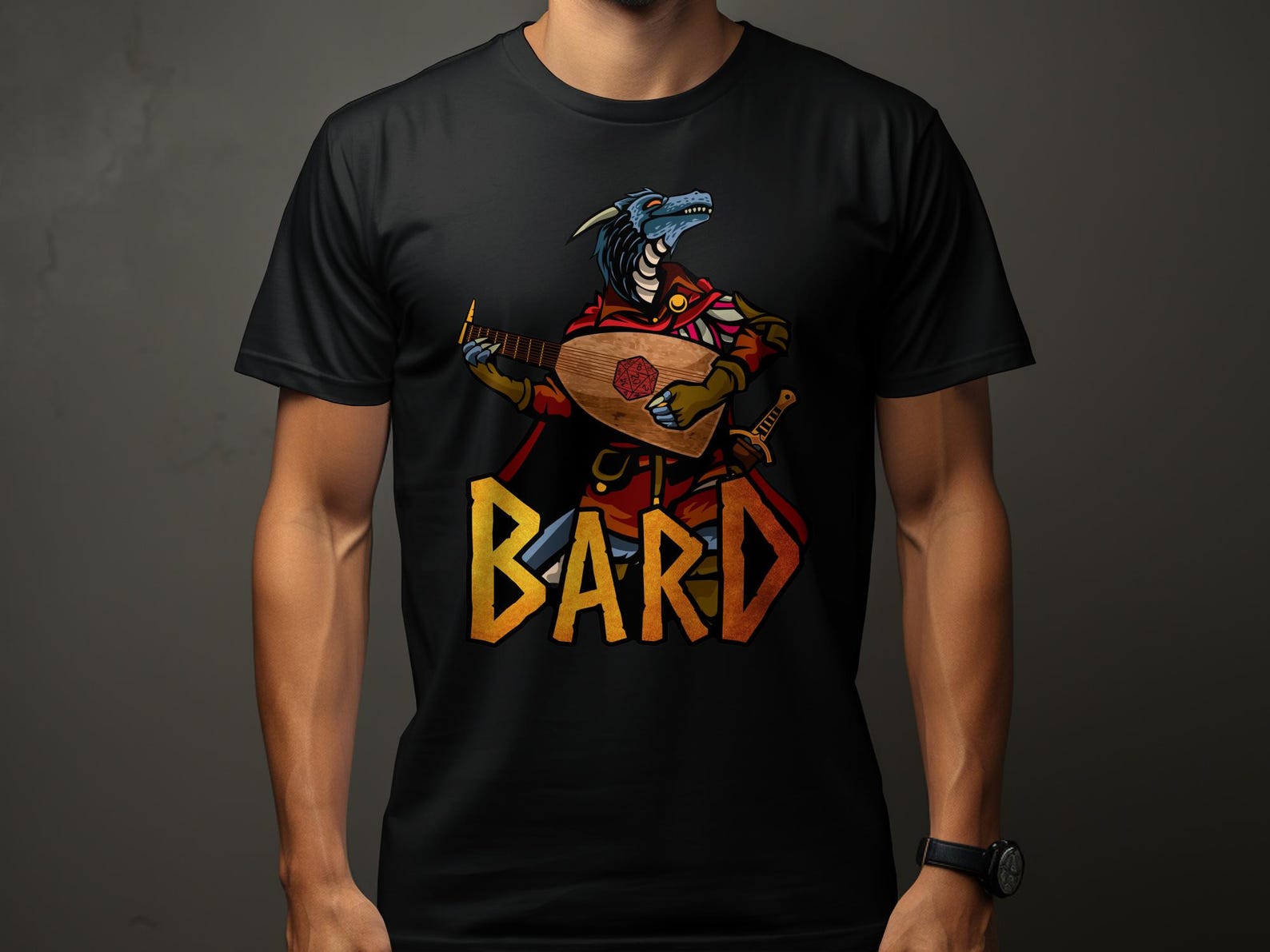 Bard Dragonborn T-Shirt, Fantasy RPG T-Shirt, Tabletop Gaming Tee, Roleplaying Shirt for Gamers, Dragon Bard Shirt for RPG Fans S