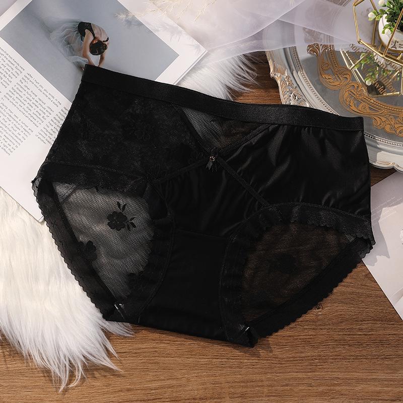 Plus Size Women Spring and Summer Sexy Hollow Lace Cotton 7a Antibacterial Extension Crotch Triangle Briefs