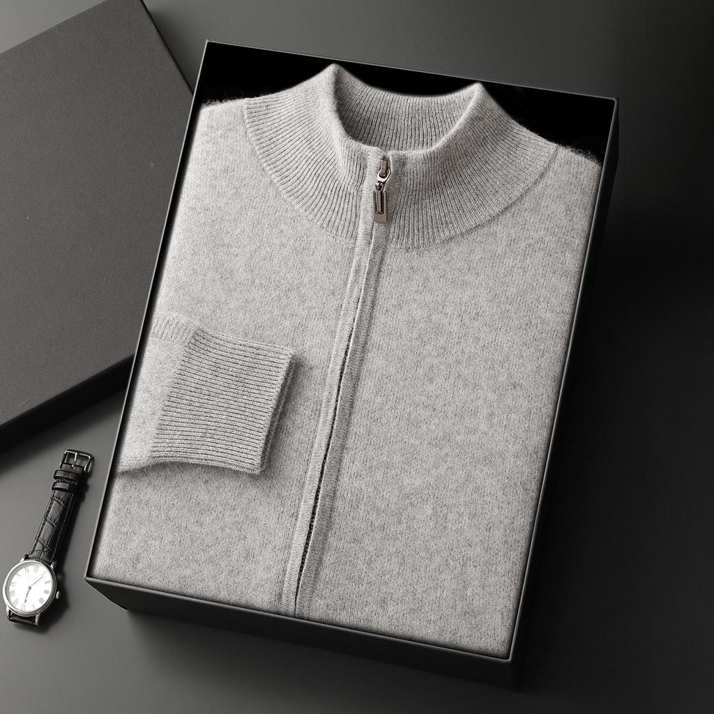 Siping Men's Thick Cashmere Cardigan, Zipper Stand Collar, Warm Knit Outerwear, Business Casual Wool Sweater
