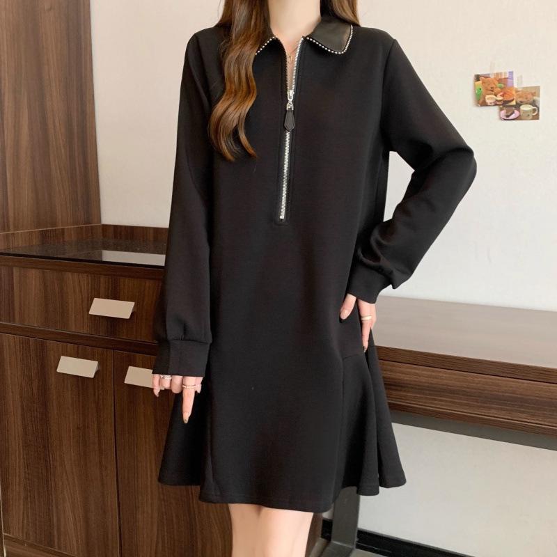 

Women s Plus Size Long Sleeve Polo Neck Dress - Simple Belly Concealing Skirt for Spring & Autumn XL (120-160 jin) чорний
