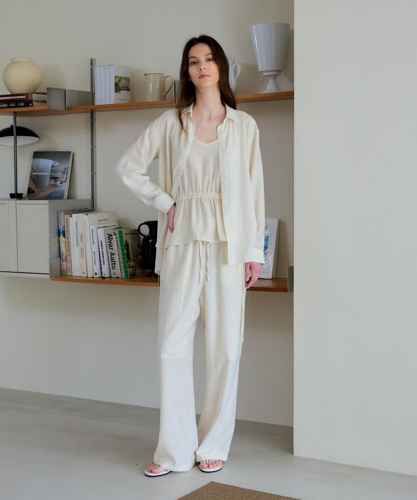 THEELO Airy Linen Blend Elastic Waist Pants (Cream)
