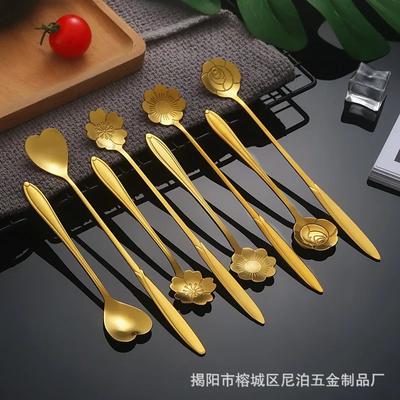 6pcs Gold Flower Stainless Steel Tea Spoons Set Coffee Spoon Honey Dessert Ice Cream Scoop Long Handle Teaspoon Cafe Tableware