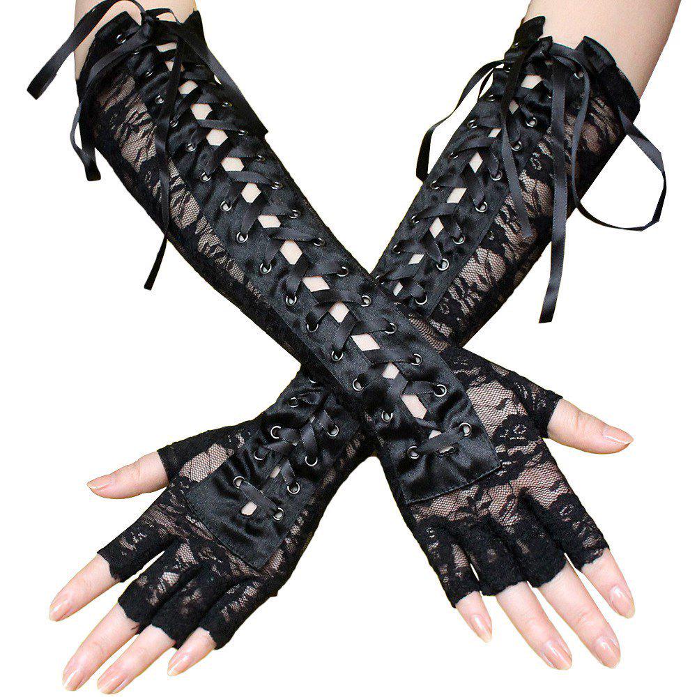 Black Lace-Up Fingerless Gloves - Retro Lolita Dark Punk Style Sleeves