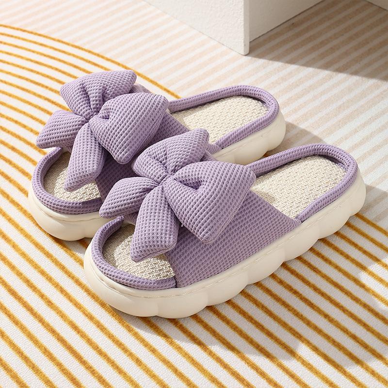 Butterfly Knot Linen Slippers for Women, Summer Home, Anti Slip, Daily Breathable, with A Sense of Stepping On Poop, Indoor Thick Sole