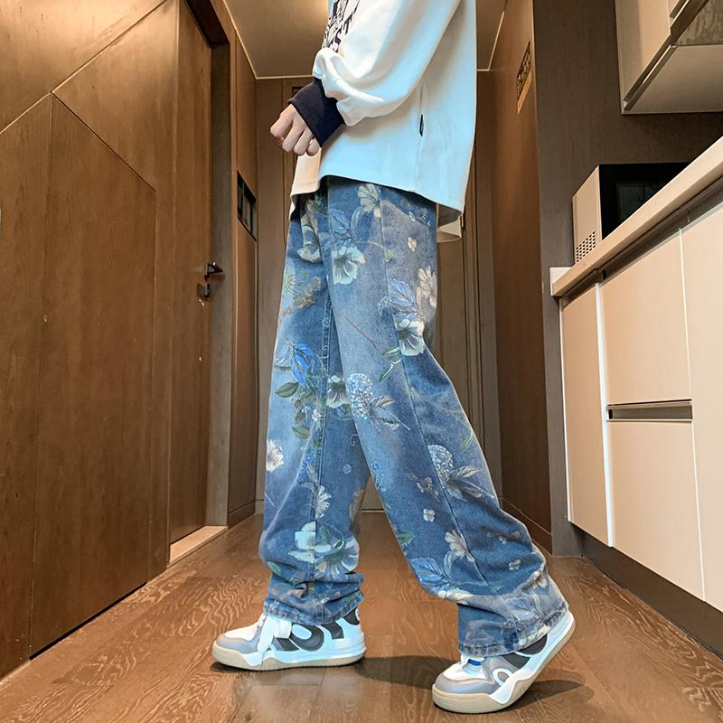 Spring Floral Printed Jeans for Men Vintage Trousers Hip Hop Wide-leg Baggy Jean Pants Floor Length Wide Leg Pants