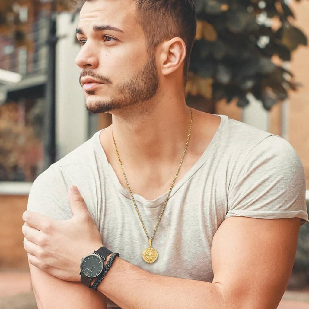 Vnox Compass Necklaces for Men, Layering Stacked Cuban Figaro Chain Necklaces, Casual Sailing Holiday Stainless Steel Boy Collar