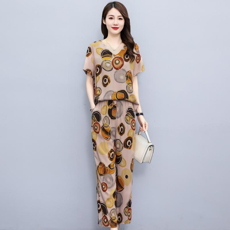 Sommeranzug für Frauen im mittleren Alter Neue elegante zweiteilige Sets Damen-Outfits Lose Vintage-Druck-Hosen-Set mit weitem Bein