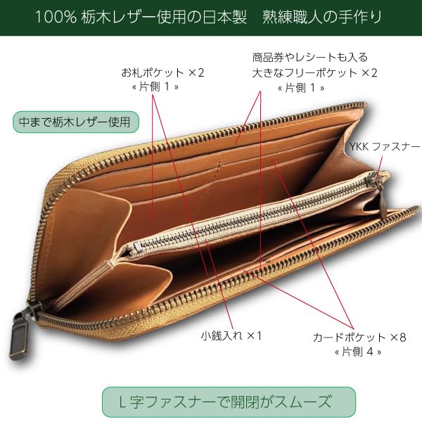 PLUS EIGHT ONE +81 Men's Long Wallet, Genuine Leather, Thin, Large Capacity, Made in Japan with Tochigi Leather, Slim, Premium Leather, L-Shaped