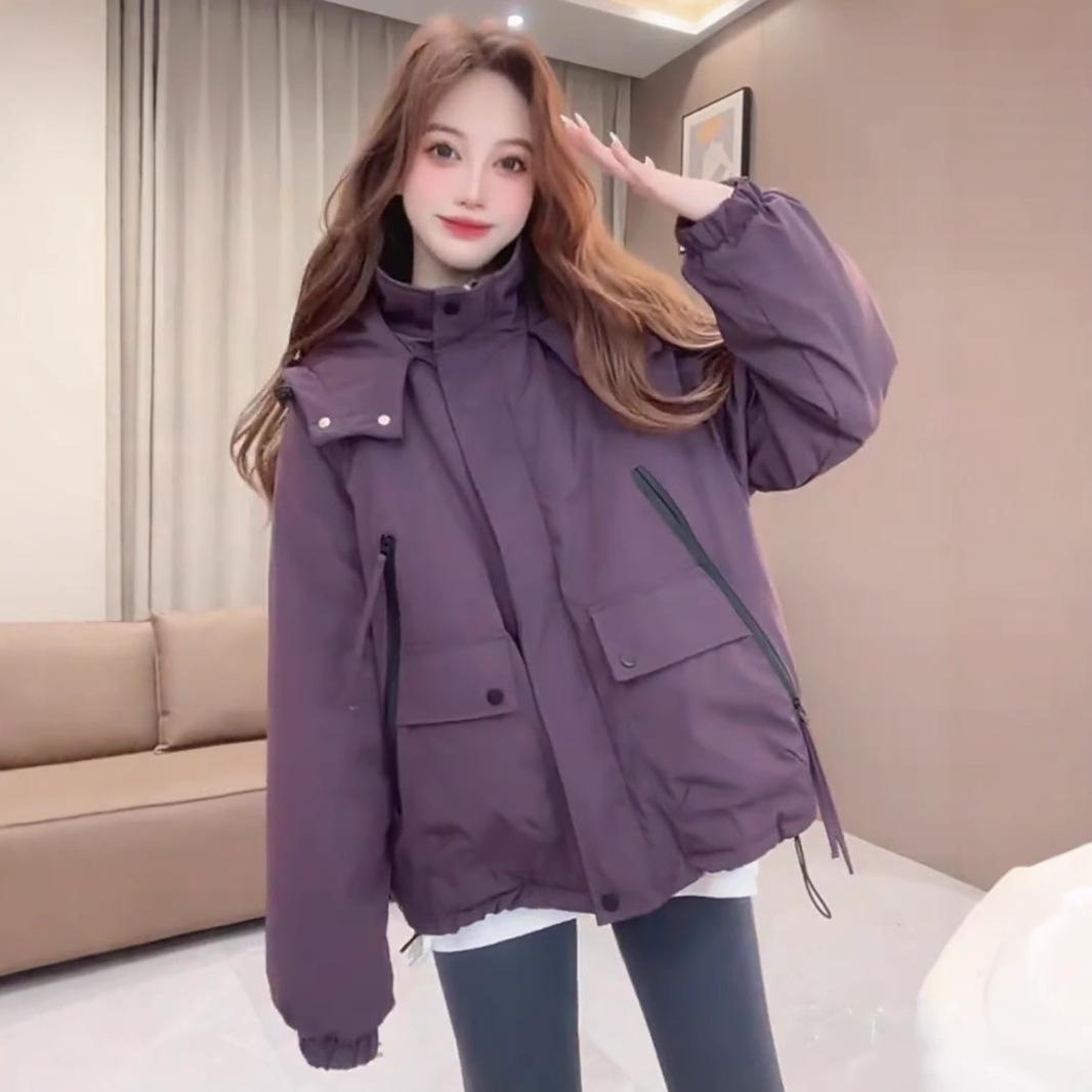 

Women s 2024 Korean-Style Hooded Fleece-Lined Short Windbreaker Jacket Large красный