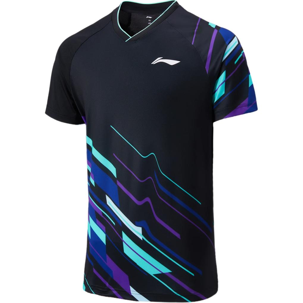 Li-Ning Badminton Series Printed V-Neck Comfortable Breathable Versatile Short Sleeve Badminton Shirt Unisex Tops Black AAYU225-1