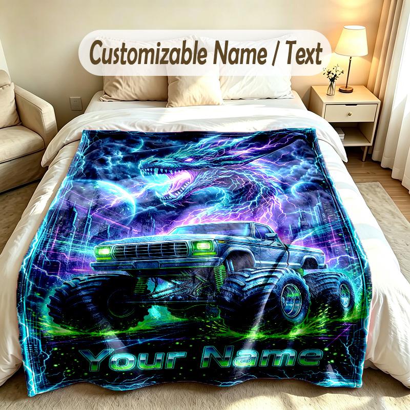 Monster Truck Theme Custom Blanket Personalized Name & Text Customized Soft Warm Throw Blanket Home Decor