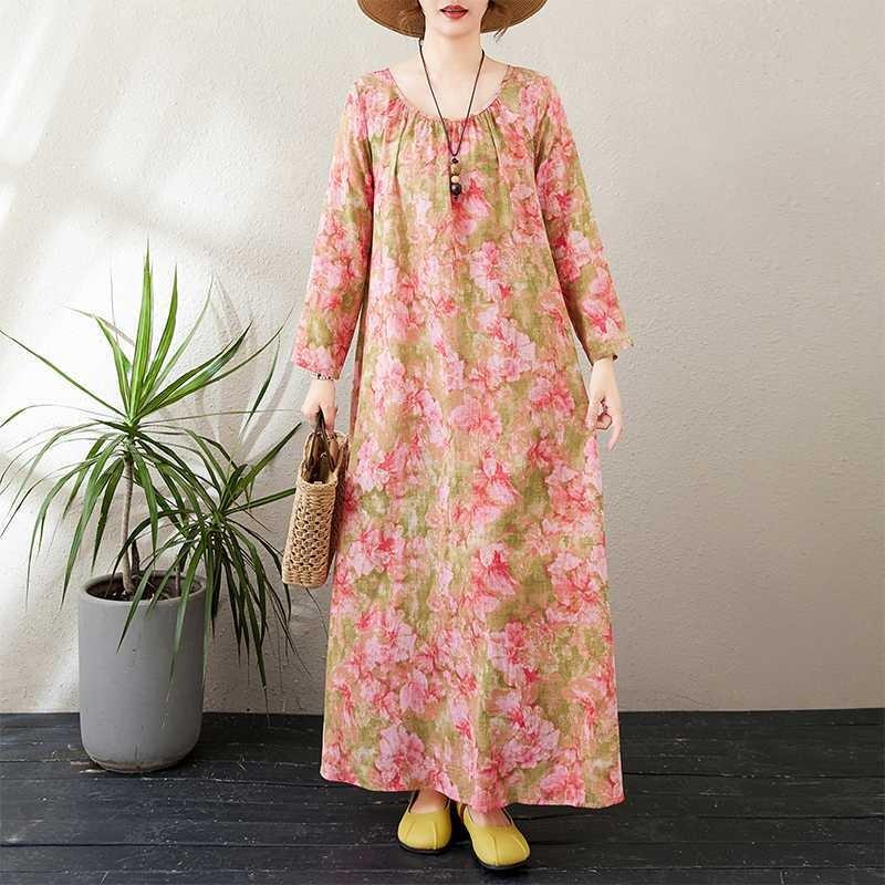 New Round Neck Minimalist Long Sleeve Extra Long Dress Vacation Style