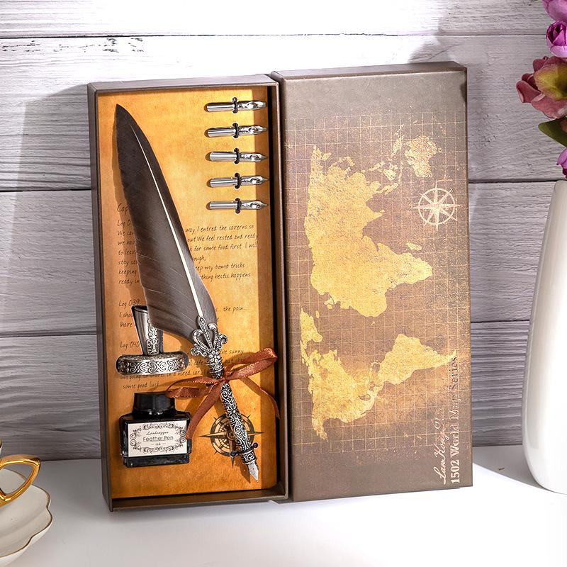Retro European Engraved Goose Feather Fountain Pen Set with Holder